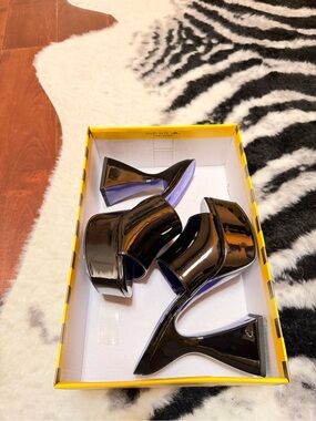 Circus by Sam Edelman Black Patent Platform Mule Heels with Purple Soles